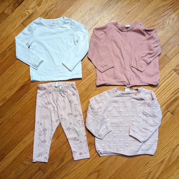 H&M Lot Girls 12 mo.+Pants Shirt Cardigan Pink white long sleeve set - Picture 2 of 12